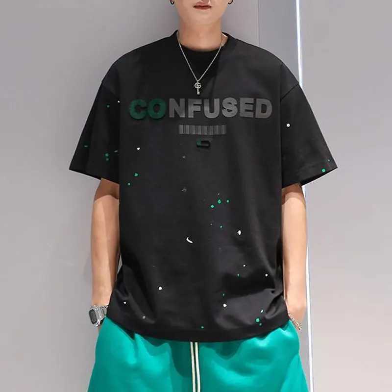 Summer letter printed loose T-shirt basic mens O-neck casual short sleeved fashion hand-painted latte artT250319