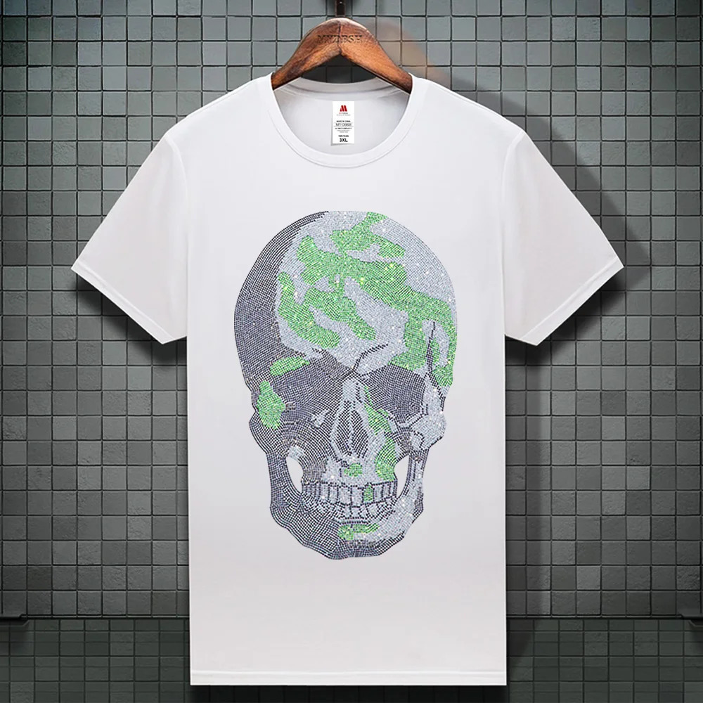 Summer Cotton T Shirts For Men Green Skulls Diamonds T-Shirt Man Black Tshirt Short Sleeve Casual Male Tee Tops S-5XL 250318