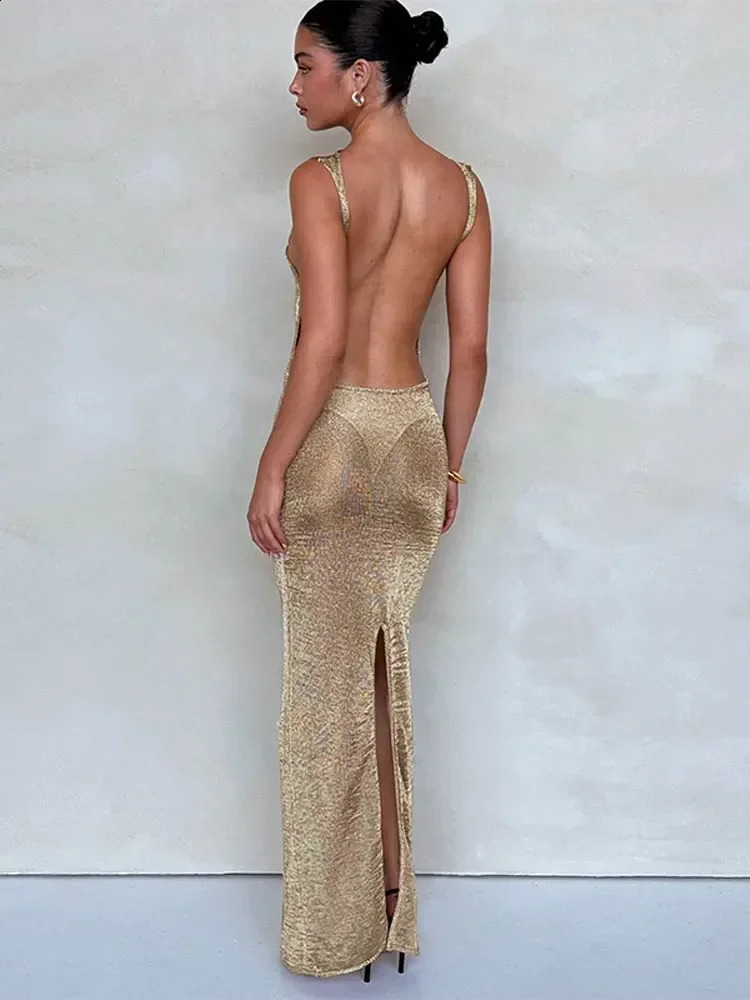Sexy Chic Gold Sequin Open Back Long Dresses Women Wrap Hips High Waist Sleeveless Evening Vestidos Elegant Lady Party Dress 250319
