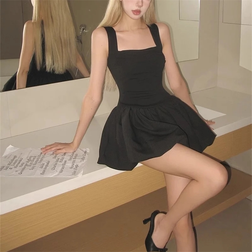 Women Solid Ruched Prom Mini Dresses Spicy Girl Party Suspender Bubble Dress Female Classic Birthday Waist Dress 250319