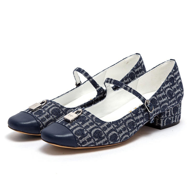 Designer CHCH French Coarse Heel Shallow Mouth With One Word Strap Mary Jane Shoes Small Fragrant Style Classic Splicing Women's Single Shoe