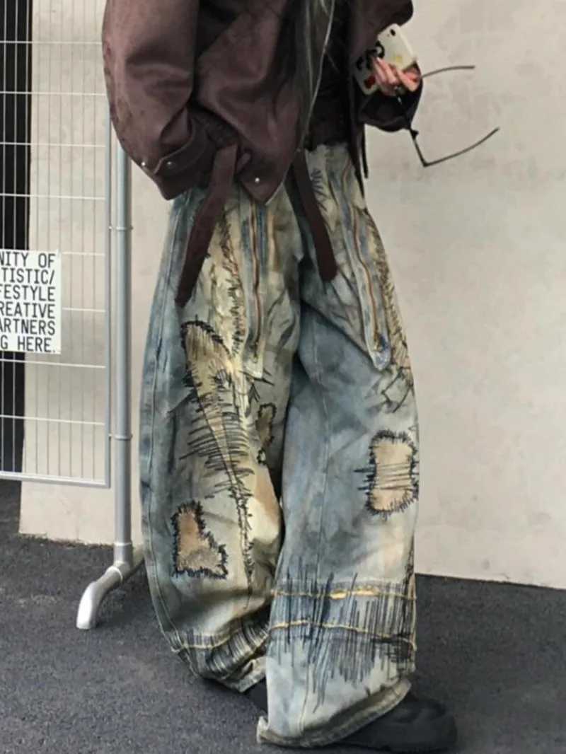 American street breaking style embroidered denim pants oversized retro wash personalized fashion loose casual wide leg jeansT250319