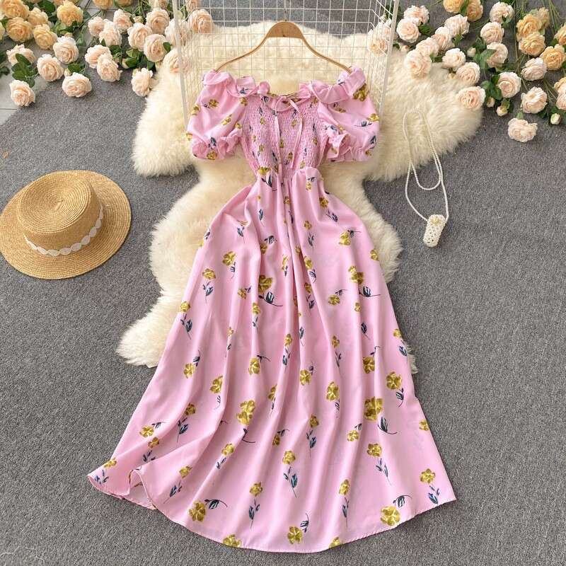 Robe Womens Dress Plus Size Dresses Little Fresh French Fairy Fragmented Flower with High Drawstring and Folded Waist for Slimming Big Swing Long Dres