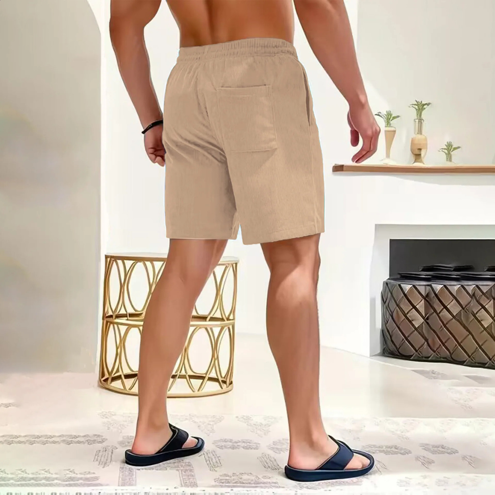 Summer solid color laceup sweatpants corduroy simple quarter shorts mens casual pants 250312