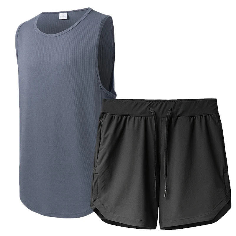 ADED Summer Breathable Sports Suit Mens Loose-Fit Quick-Drying Vest and Short Quarter Pants Casual Ensemble 250320
