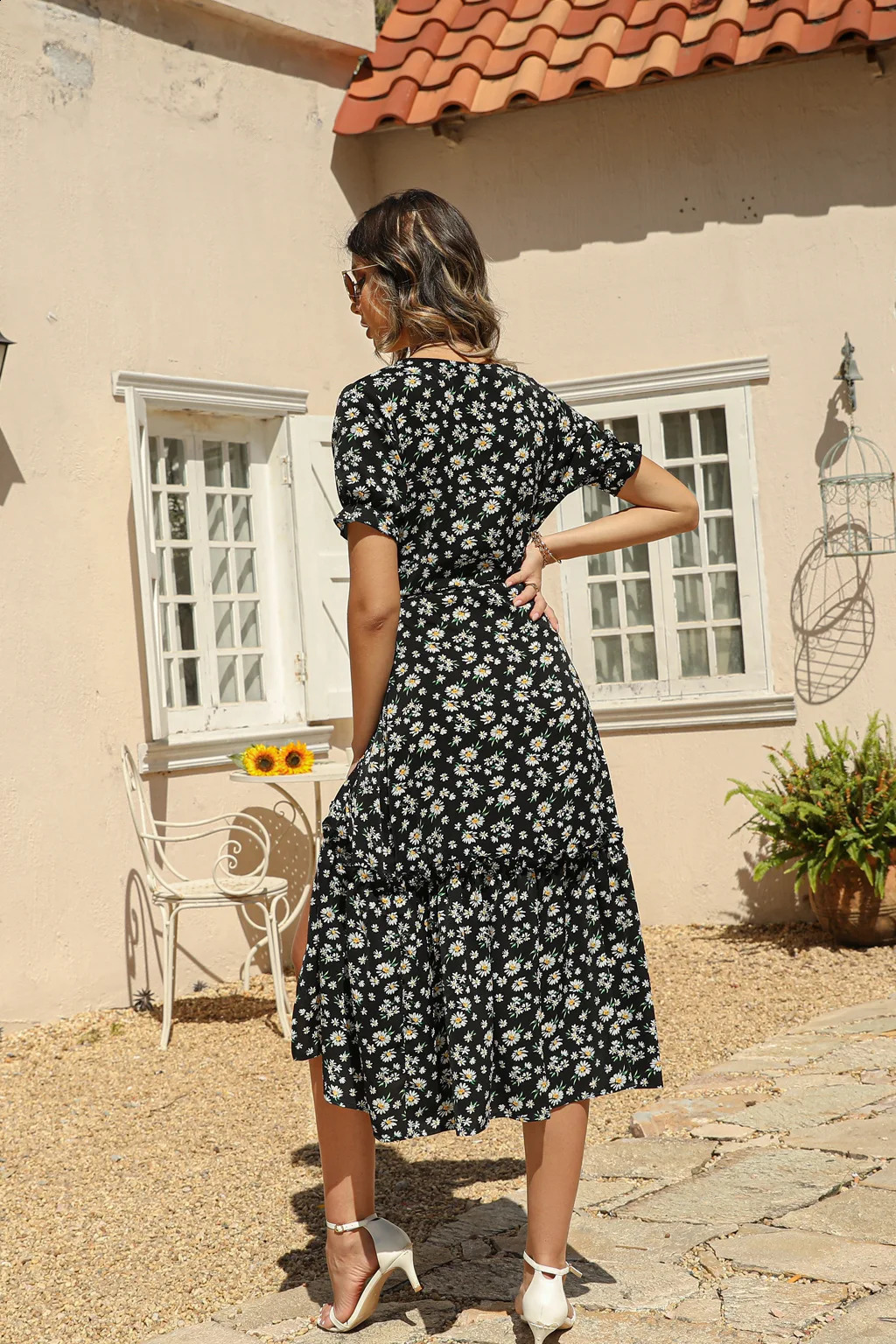 Womens Sexy V-neck Chiffon Print Dresses 250314