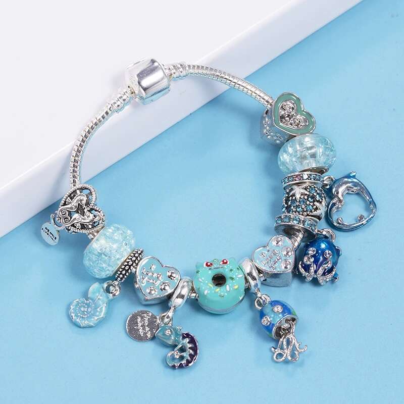 Summer Styles Charm Bracelets Fits DIY Blue Dolphin Beads Bracelet Bangles For Women Men Bijoux Pulseras Jewelry Gift Wholesale