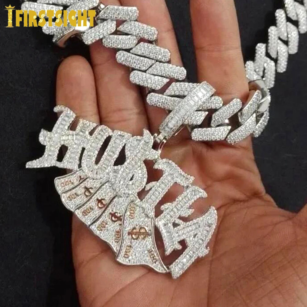 Iced Out Bling Letter Hustla Pendant Necklace Gold Color Full CZ Zircon Money Charm Men Fashion Hiphop Jewelry 250320