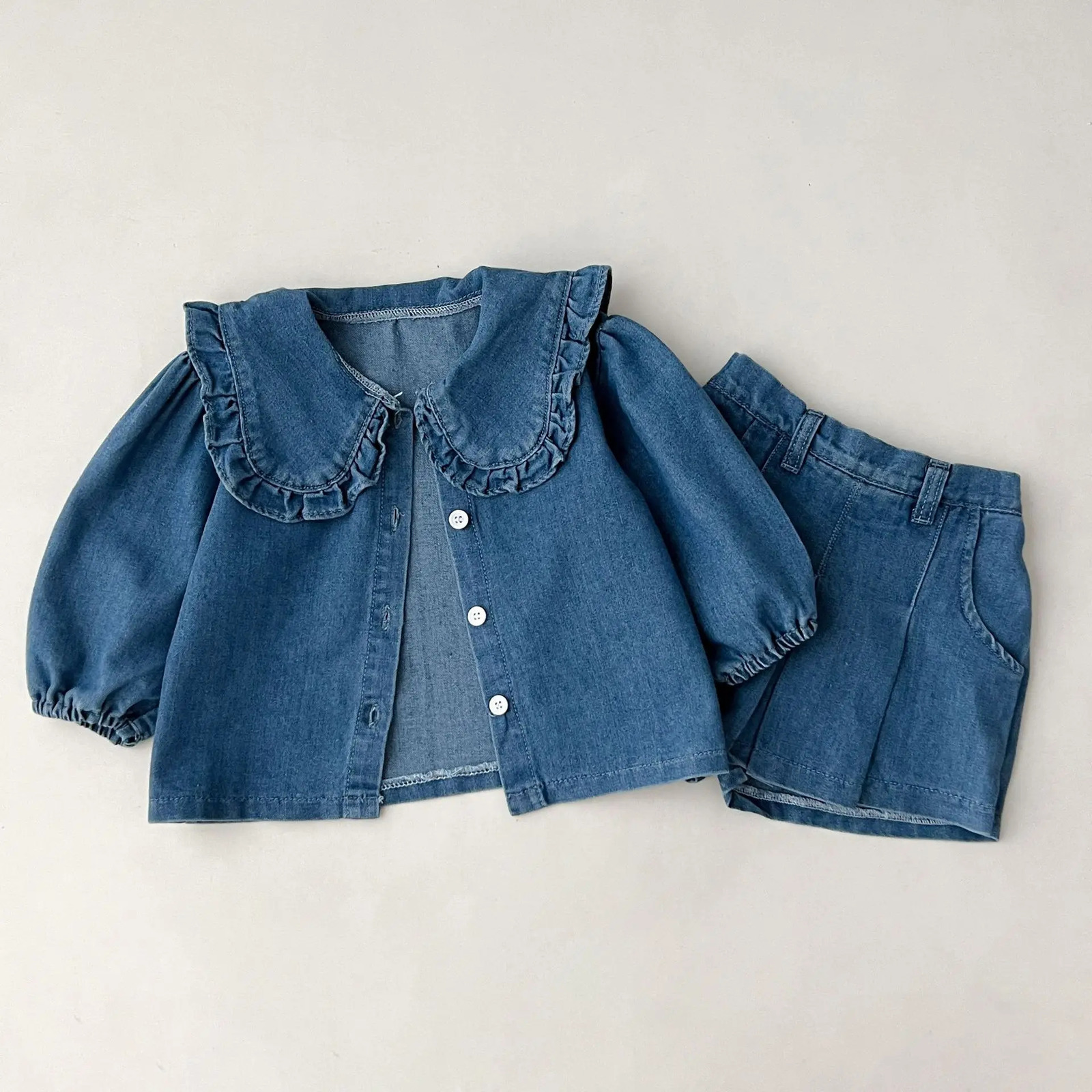 Childrens clothing Cool denim collar short sleeved jacket and skirt baby summer childrens girls aged 2 to 7 250319