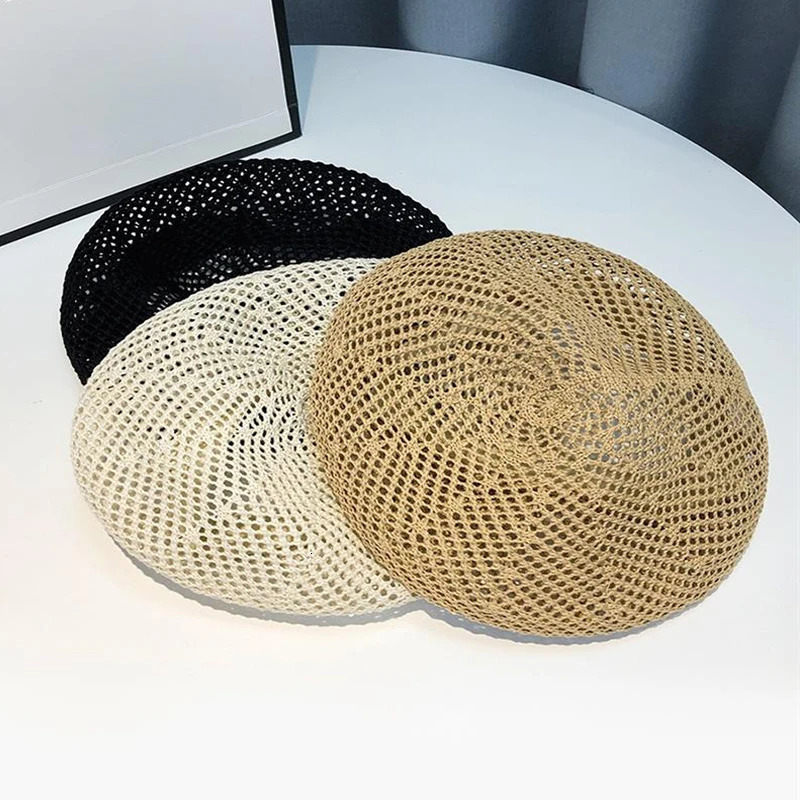 Womens Spring Summer Lightweight Breathable Artist Hat Breathable Solid Color Hollow Knit Beret Caps 250320