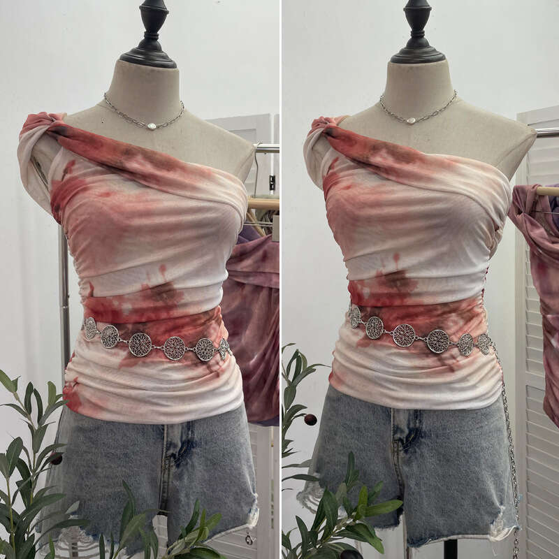 Oversized T Shirt Designer Top T Shirt Top Clothes Woman Clothes Mesh Printed Diagonal Shoulder Tank with Slim Fit and Pleated Temperament Short Top 8