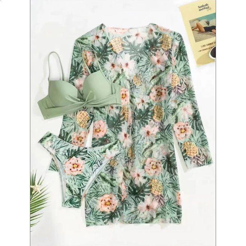 Flower low waist bikini set womens down swimsuit long sleeved three piece beach 250319