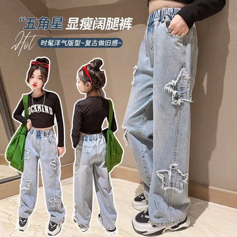 Spring and Autumn Teen Girls Cowboy Wide Leg Pants Children Trouser New Fashion Star Pattern Girls Jeans 5-14 Year Old Childrens ClothingT250326