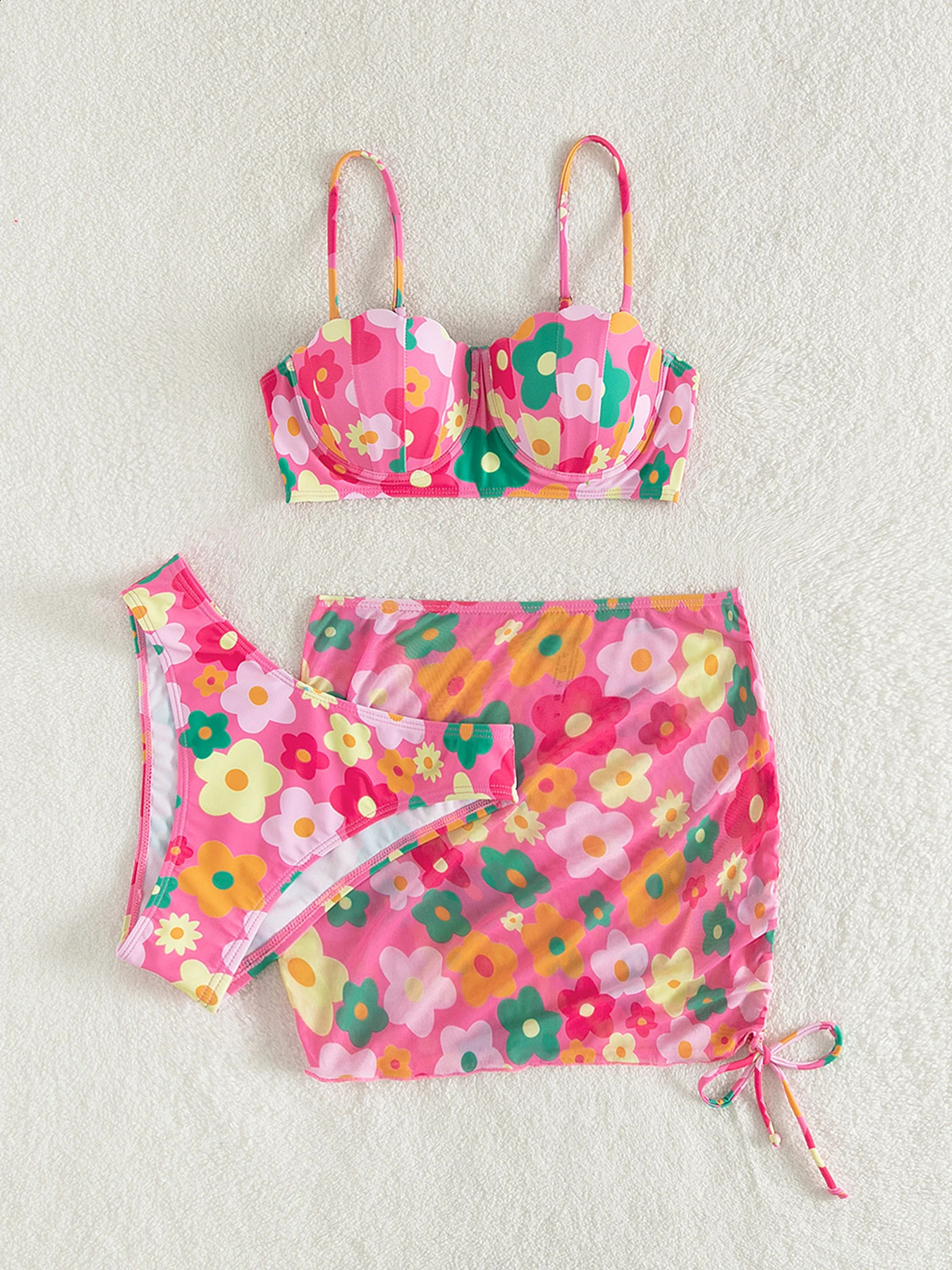 2023 Sexy Floral Print Three Pieces Bikini Set Push Up Swimwear Women Swimsuit Female And Beach Skirt Bathing Suit 250319