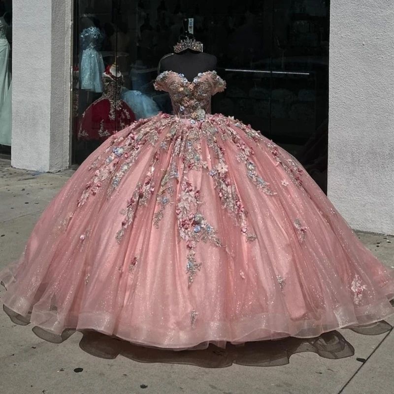 Luxury Pink Shiny Quinceanera Dressess Off The Shoulder Applique Lace Beads Tull vestido 15 De Anos Birhtday Party Lace Up Sweet 16 Dress