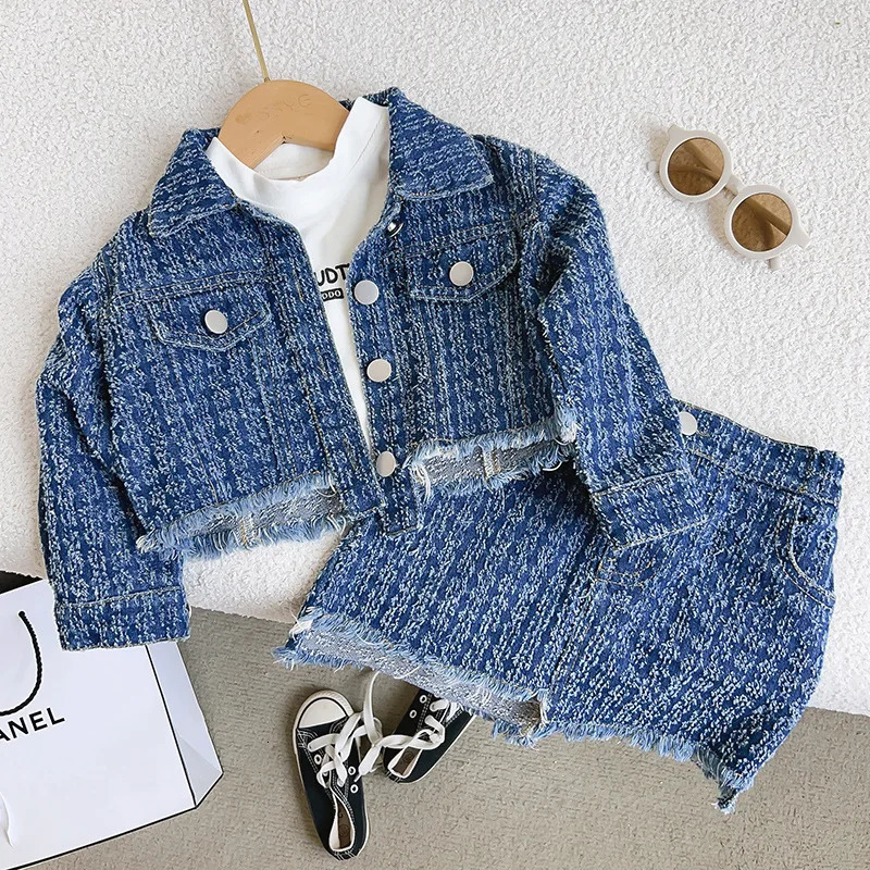 2014 SpringSummer Long Sleeve Girls Hong Kong Style Cowboy Jacket Short Two Piece Set 250319