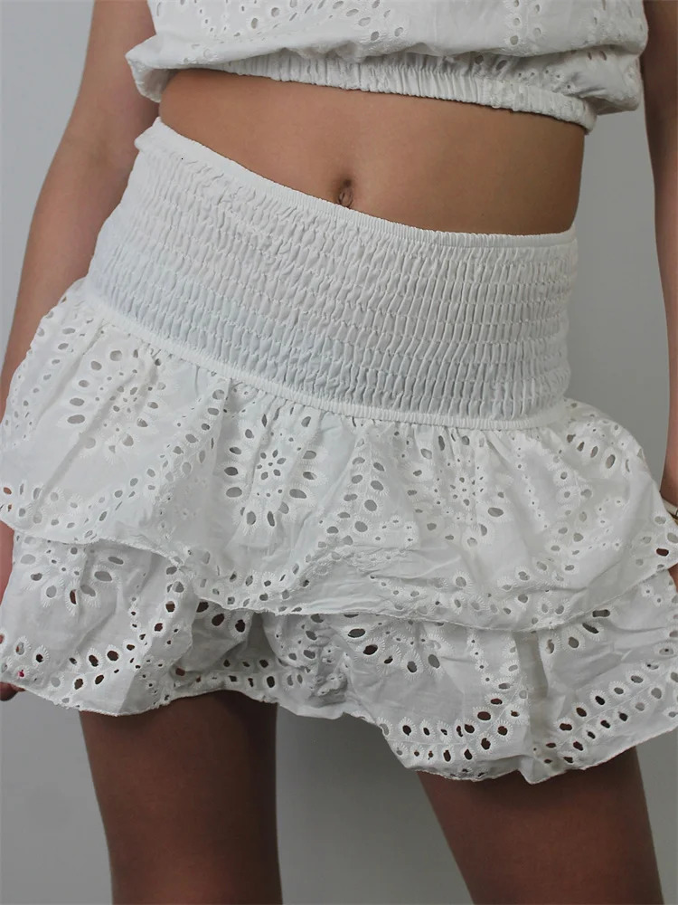 CHRONSTYLE Women Lace Short Mini Skirts Elastic High Waist Layered Ruffles Hollow Out Skirts Summer Party Club Streetwear 250320