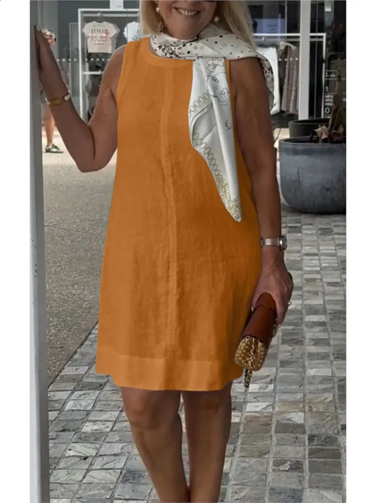 Summer womens casual solid sleeveless O-neck womens vest mini dress womens fashionable and elegant holiday dress 250314