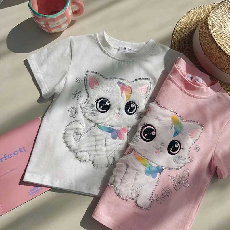 Girls summer round neck short sleeved T-shirt new fashion cat print top girls clothingT250320