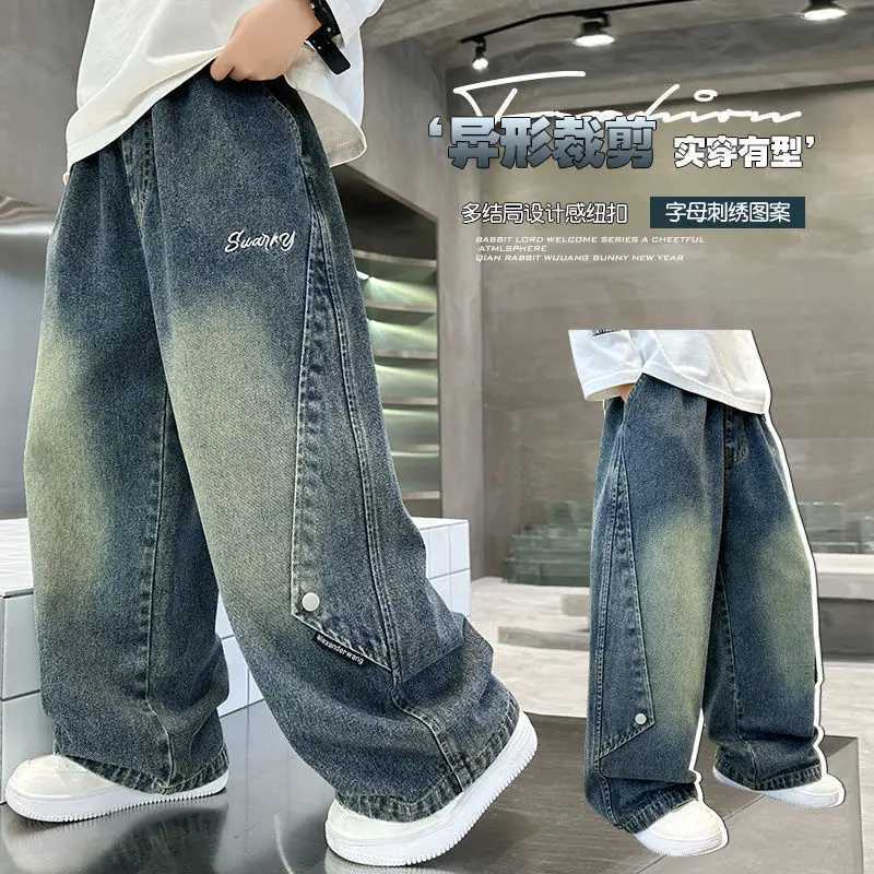 Teenage boys cargo jeans for spring and autumn new childrens wide leg denim pants large childrens straight spring jeans A78T250326