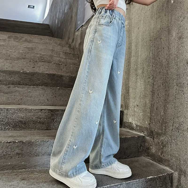 Summer Girls Middle School Fashion Loose Solid Color Small Love Jeans Casual Pants Wide Leg Pants 4-10 Years OldT250326
