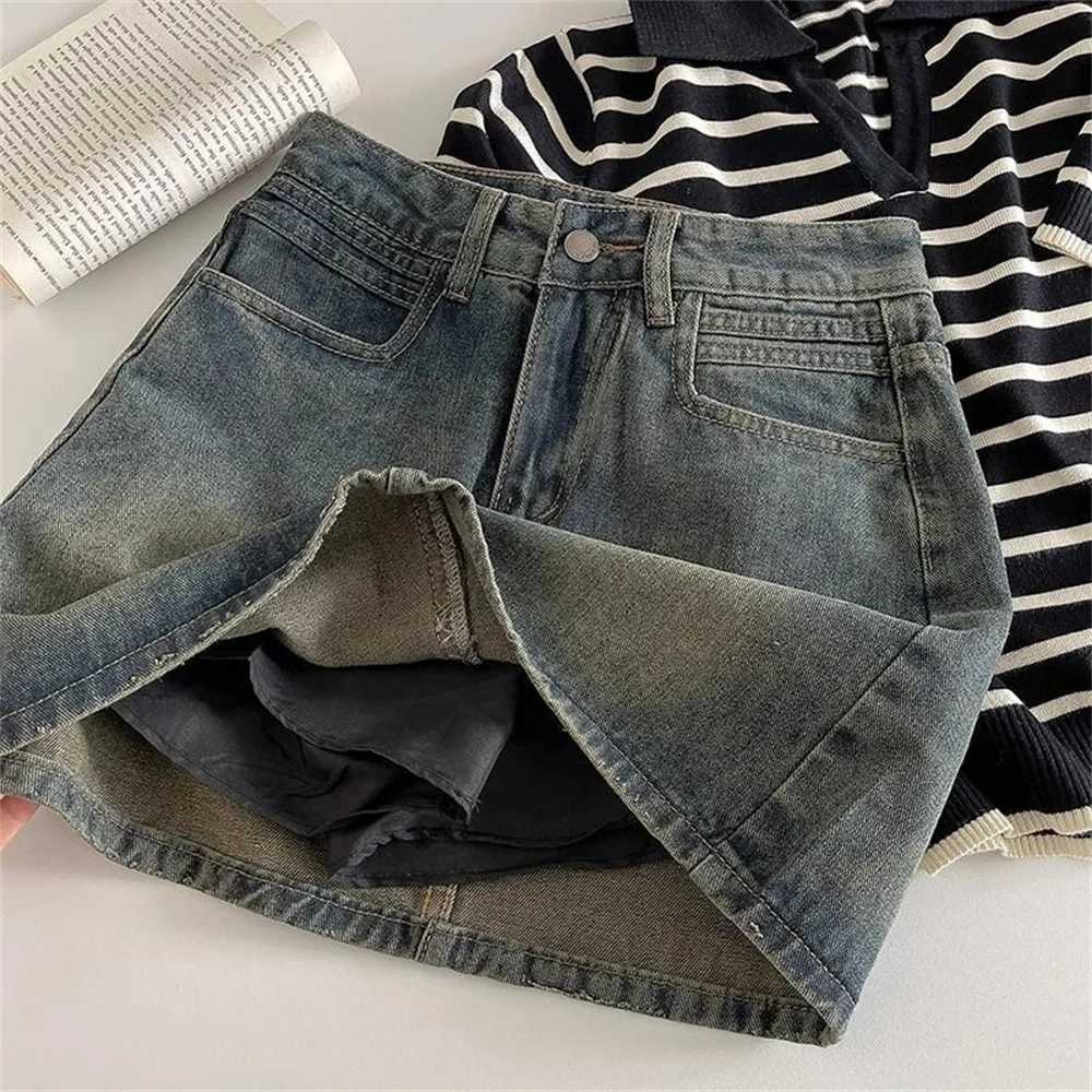 2024 Spring New Womens High Belt Anti Exposure Short Skirt Retro Dark Fashion Solid Color Short Skirt Word Cowboy SkirtXJ250320
