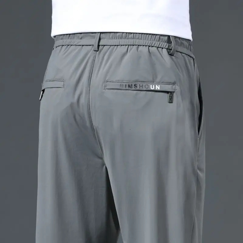 Summer Business Ice Silk Pants Straight Elastic Waist Black Grey Trouser Breathable Simple Mens Clothing Casual 250320
