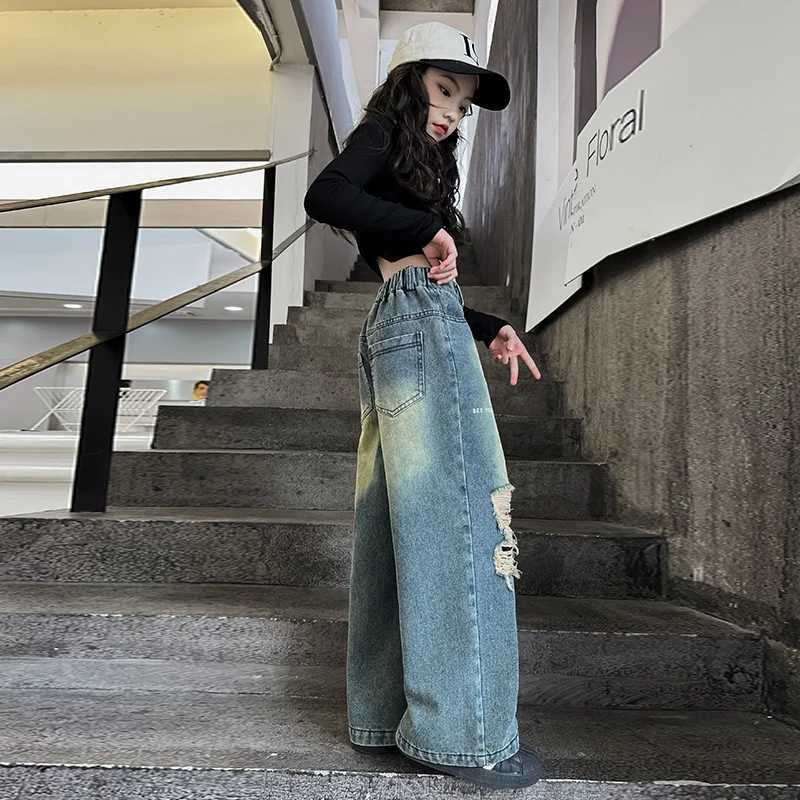 Childrens girls fashion straight pair cracked jeans with holes childrens distressed denim Trousers FOR teenage street style jeansT250326