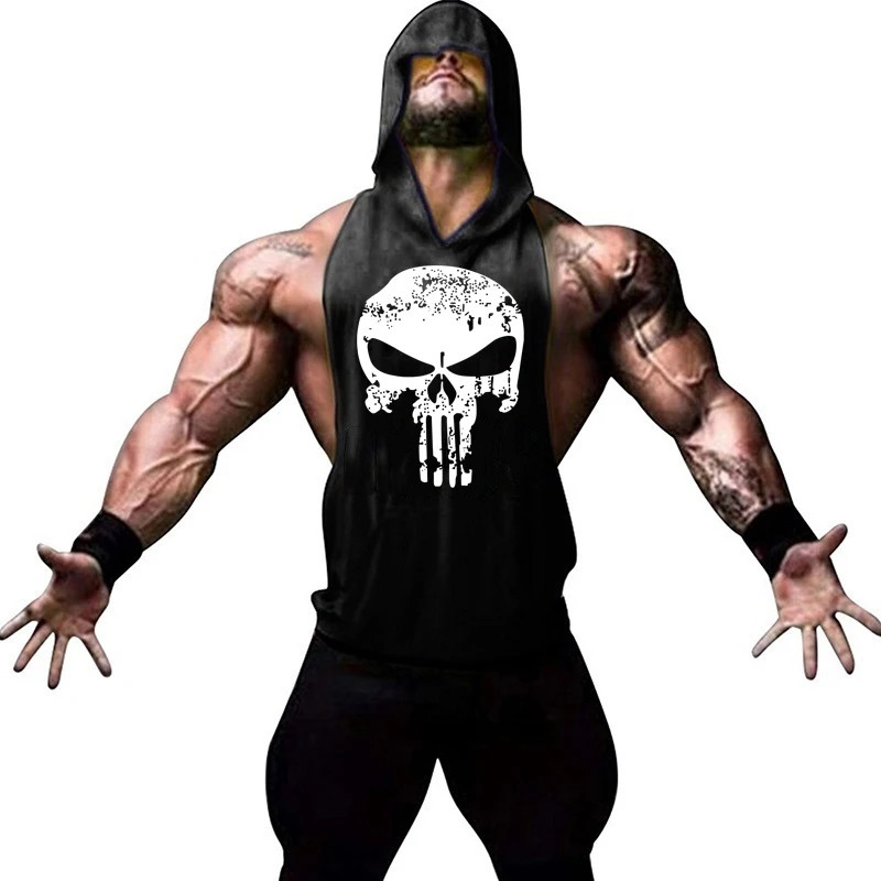 Men Bodybuilding Cotton Skulls Tank Top Gyms Fitness Hooded Vest Sleeveless Shirt Summer Casual Fashion Workout Clothing 250320