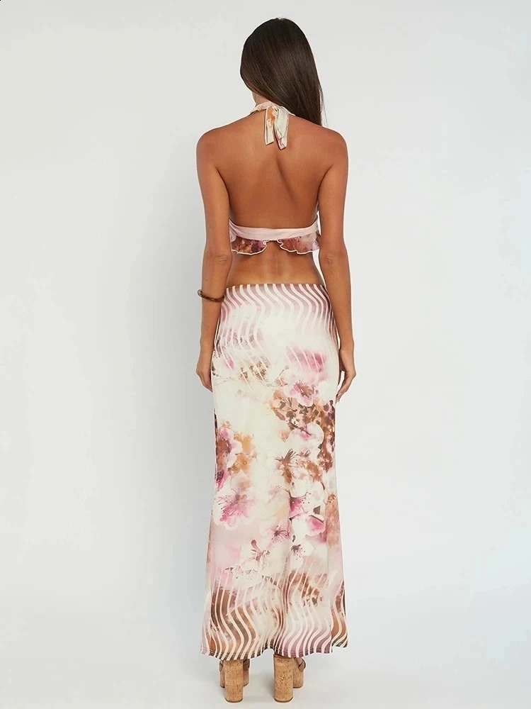 Avrilyan Printed Sexy Party Two Piece Set Deep V Crop Top Midi Skirts Bodycon 2-piece Set Womens Vacation Summer Set 250318