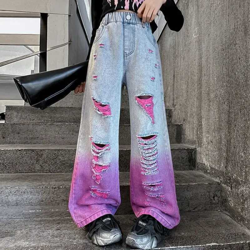 4-14Y Teen Girl Hole Wide Leg Pants Fashionable Loose Street Gradient Color Jeans Childrens Clothing School Children TrouserT250326