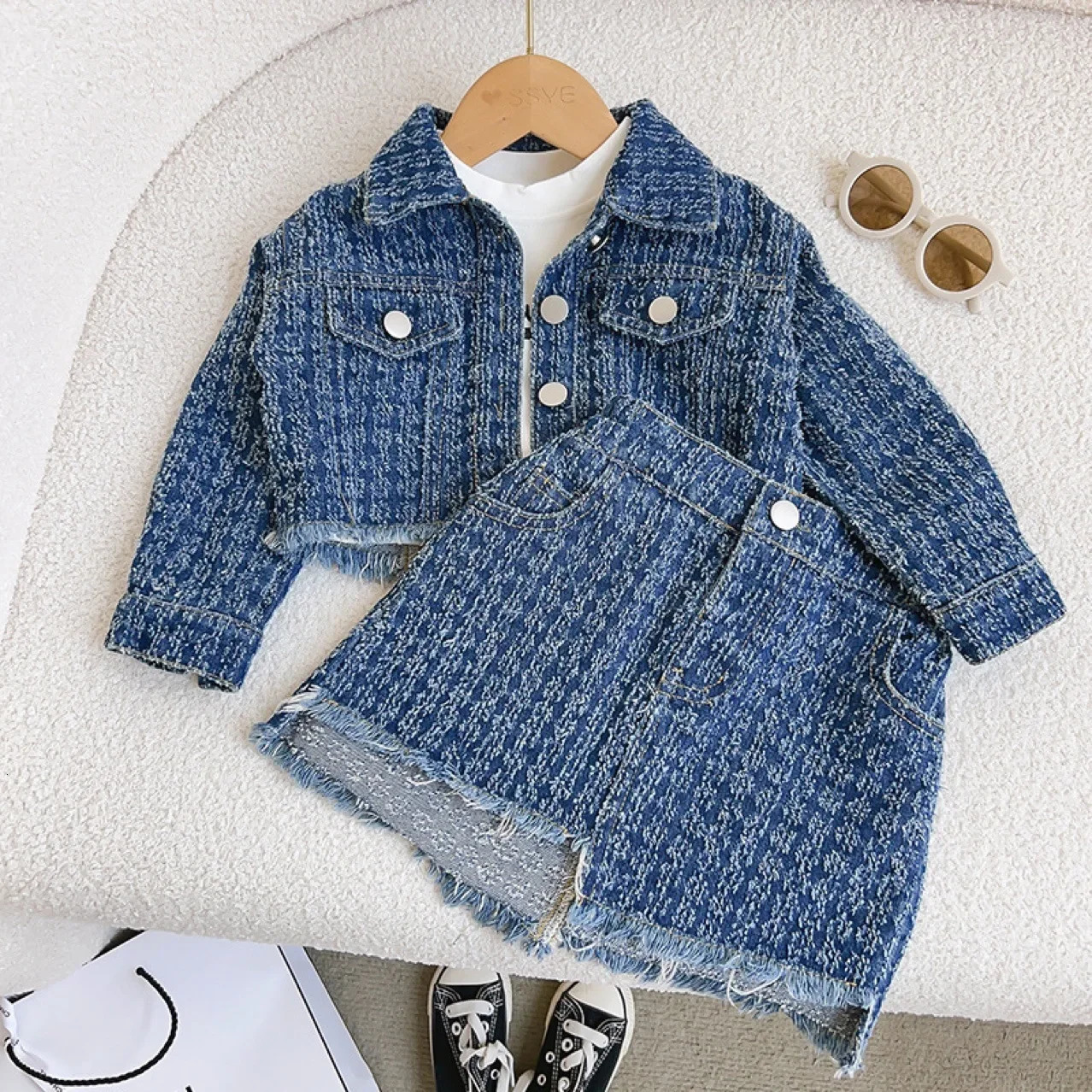 Childrens boutique clothing autumn 2piece set girls top jeans jacket lapel short sleeved fashion preparatory style 250319