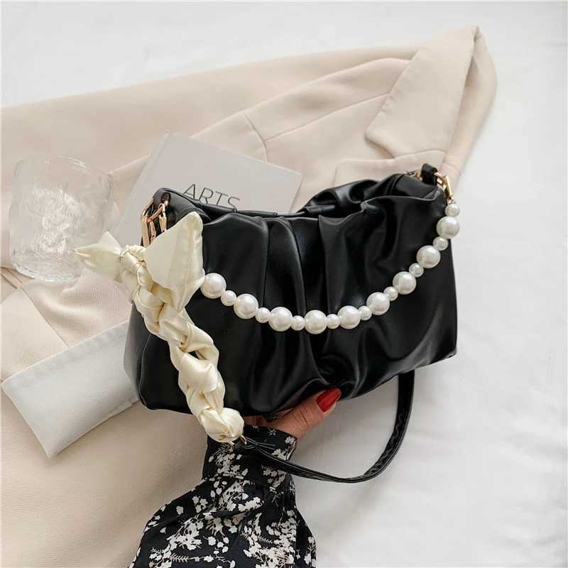 High quality pearl pleated shoulder bag cloud bottom bag niche bag womens summer casual handbag PU leather bag Y250319