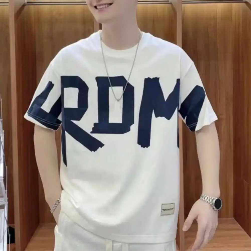 Mens letter printed T-shirt mens summer letter printed T-shirt round neck with floral pattern suitable for teenagers to wear loose short sleeved shirt