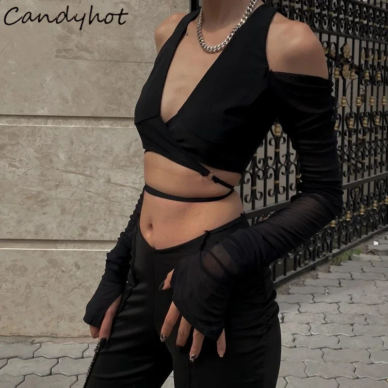 Candy Gothic Mesh Sheer Crop Tops Sexy Deep V-neck Off Shoulder T Shirt Y2K Long Sleeve Streetwear Crossing Bandage Tees 250319