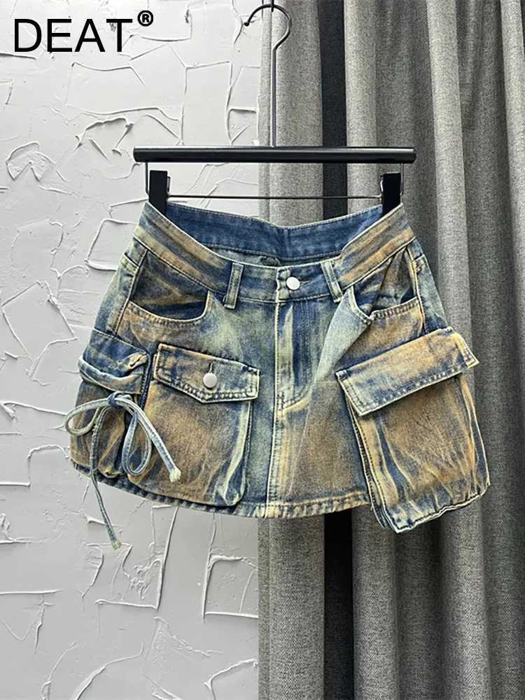 DEAT Womens Denim Skiing Co. Ltd. Pocket Patch Work Washing Strap Goods A-line Mini Skiing 2025 Spring New Style 29L3411XJ250320