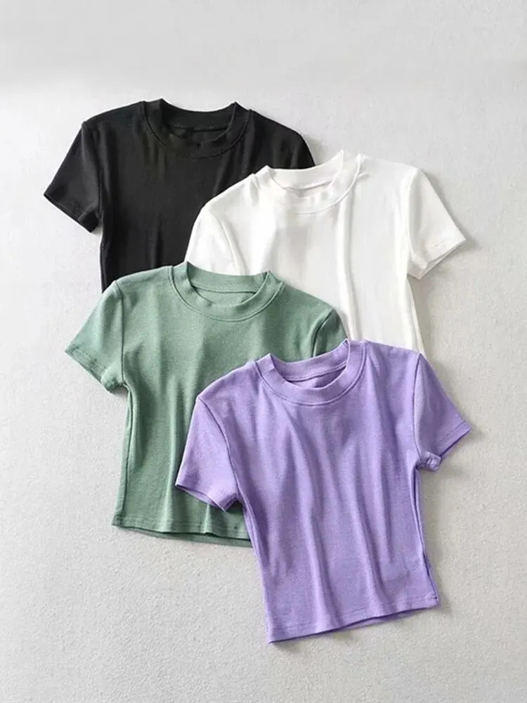 Womens Short Sleeve Crop Top Solid Slim Fit Crew Neck Tee Basic Skinny Ribbed Tight Athletic Casual Workout Yoga Tshirt 250320