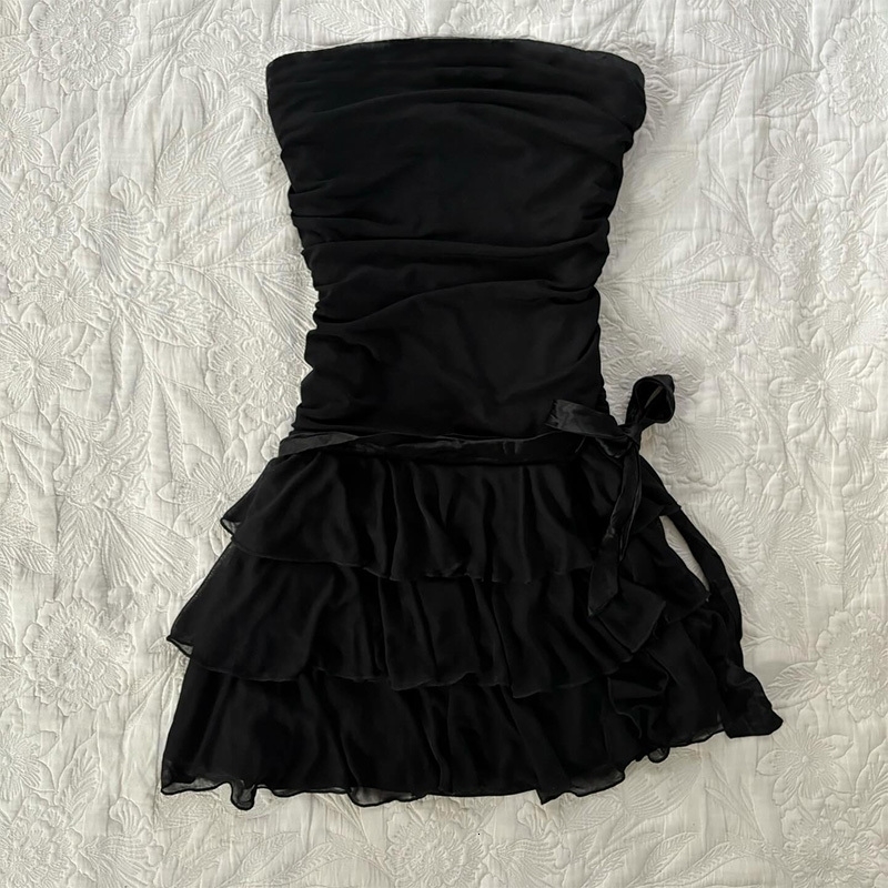 Women tube top dress high fashion streetwear casual cute bow chic aesthetic solid color Y2K emo girls summer slim dress 250319