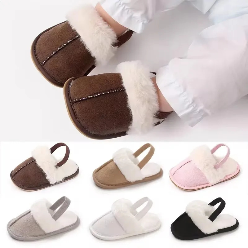 Toddlers Baby Boys Girls Fluffy Slides Soft Slippers Anti-slip Pre-walker born Plush Warm Floor Shoes Elastic Back Strap 250319