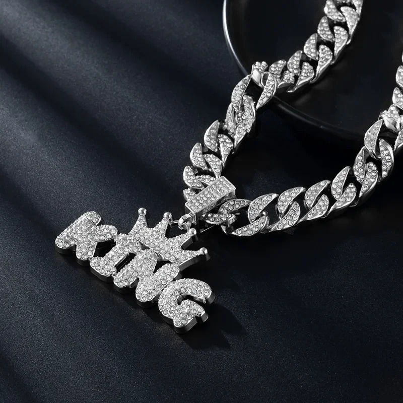 Men Women Hip Hop Bling KING QUEEN Letter Pendant Necklace 13mm Miami Cuban Link Chain Necklaces Iced Out Charm Fashion Jewelry 250320