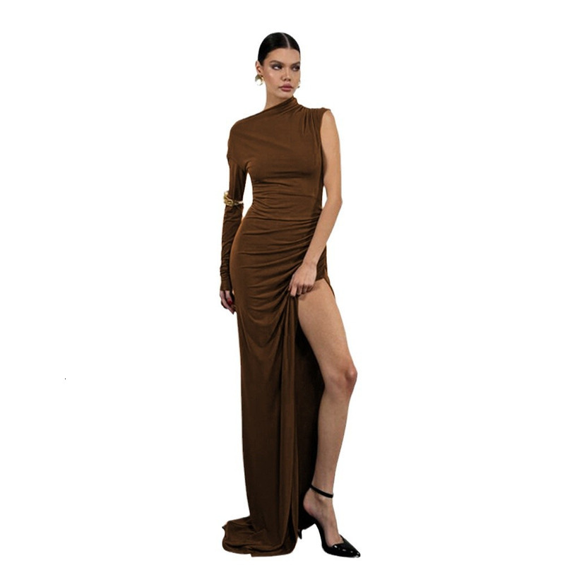 Spring 2025 women's long sleeved solid color pleated slit sexy temperament fashionable dress