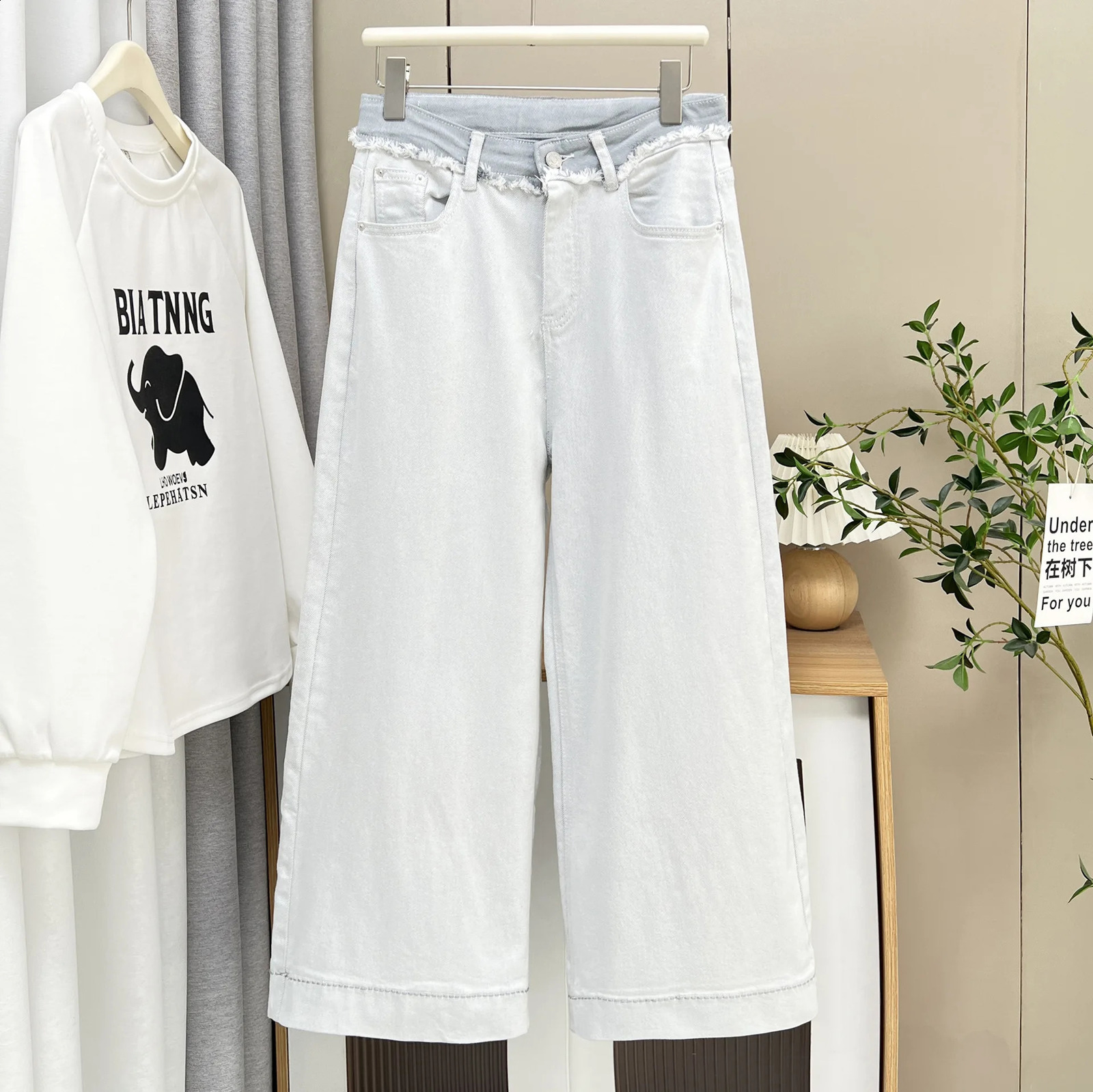 Womens Plus Size High Waist Flared Jeans Premium Draped Wide Leg Cropped Pants Spring Fall Loose Fit Casual Trousers 250319