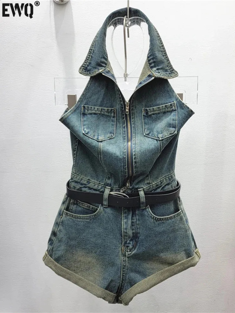 EWQ 3XL Street Fashion Zipper Pocket Vest Y2K High Waist Wide Leg Shorts Denim Sets Give Belt Women jumpsuit 2025 Summer 250319