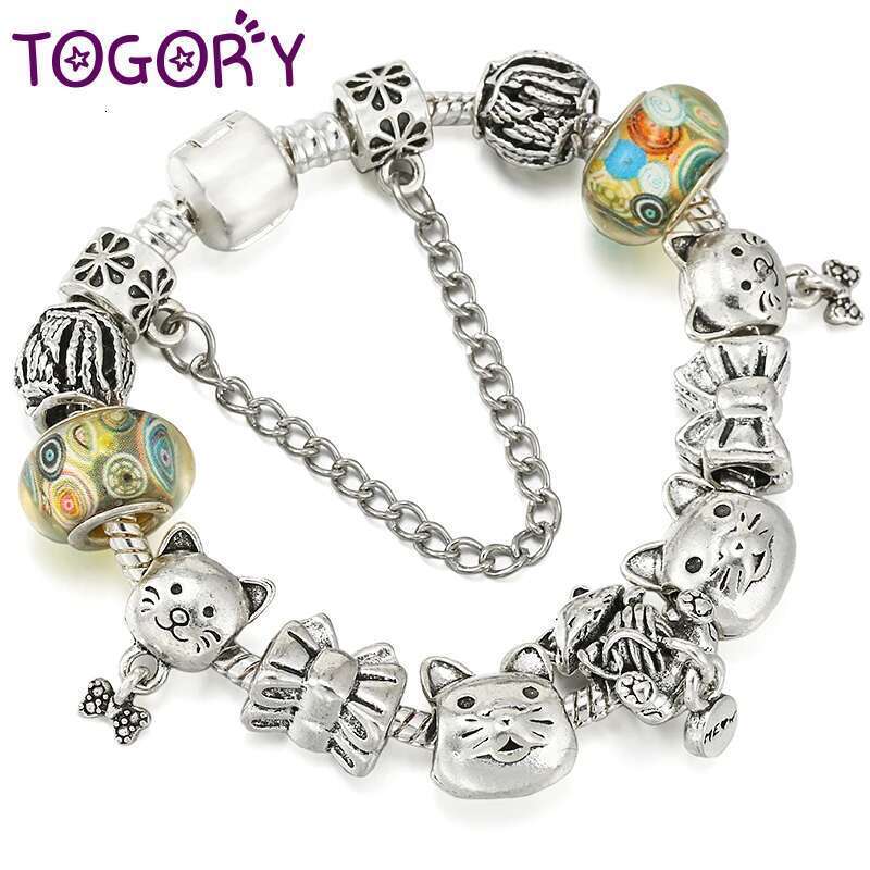 Silver Color Alloy Lovely Cat Beads Charm Bracelet With Animal Pendant Bracelets For Women Men Girls Jewelry Gift Dropshipping
