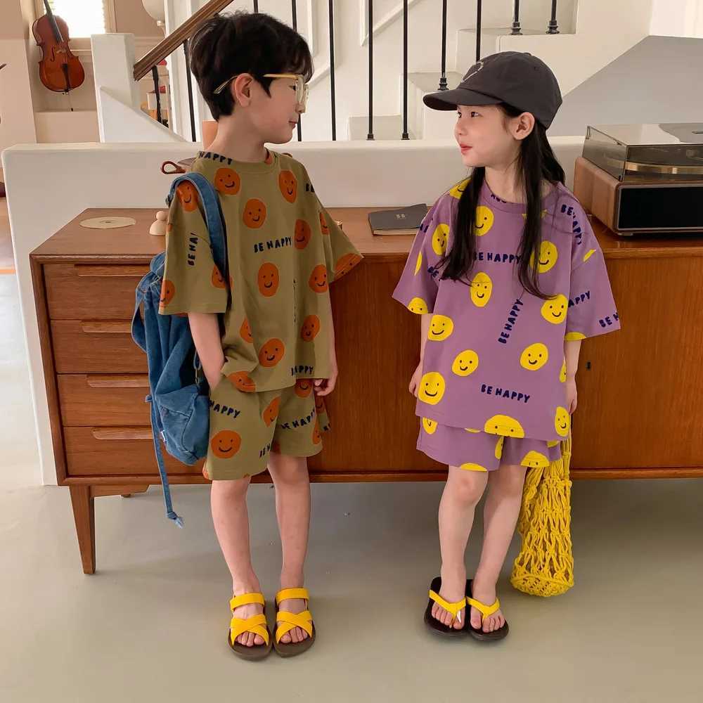 5285C Childrens Clothing Set 2023 Summer Smiling Face Print Boys Suit Short Sleeve T Shirt+Short Brother and Sister 2pc SuitT250320