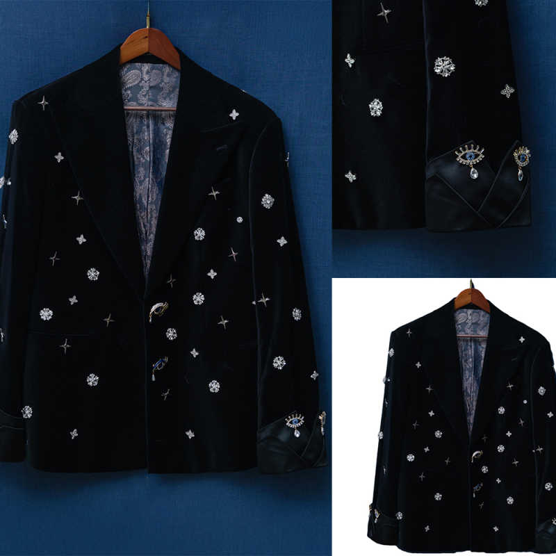 Fashion Wedding Tuxedos Beaded Flannel Men Suit Peaked Lapel 1 Piece Set Jacket Casual Groom Business Blazers Customized