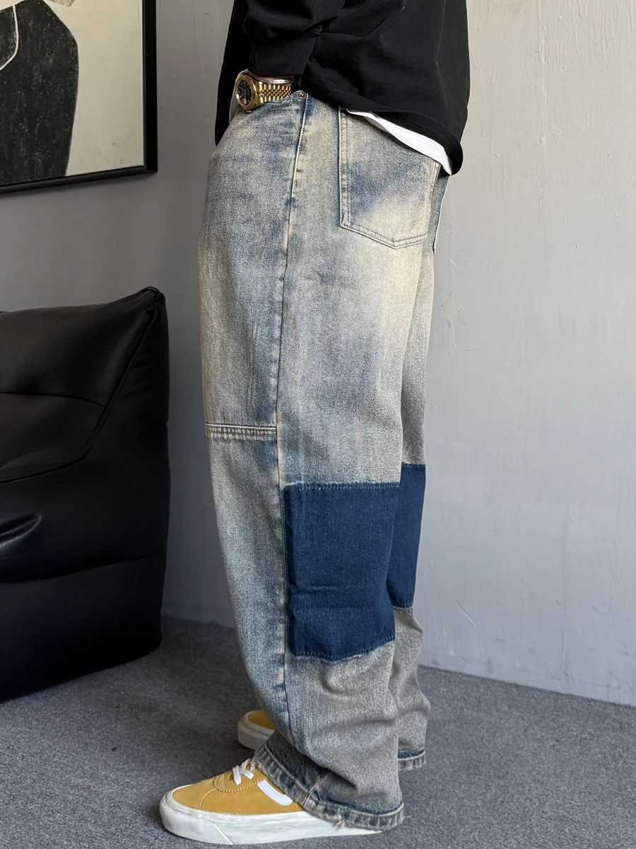 Fashionable mens bag jeans hip-hop street clothing decals work washing denim oversized casual retro loose suitable for urban TrousersT250319