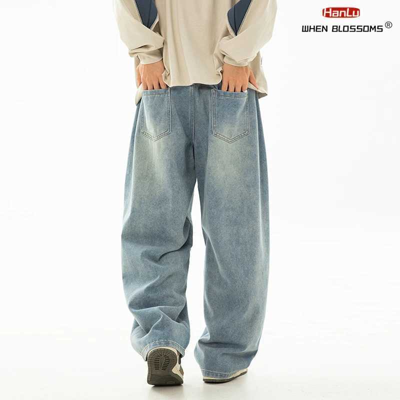Hanlu 2025 Spring New Mens retro washed oversized jeans separating structural curves from trend brands and loose fashion TrousersT250319