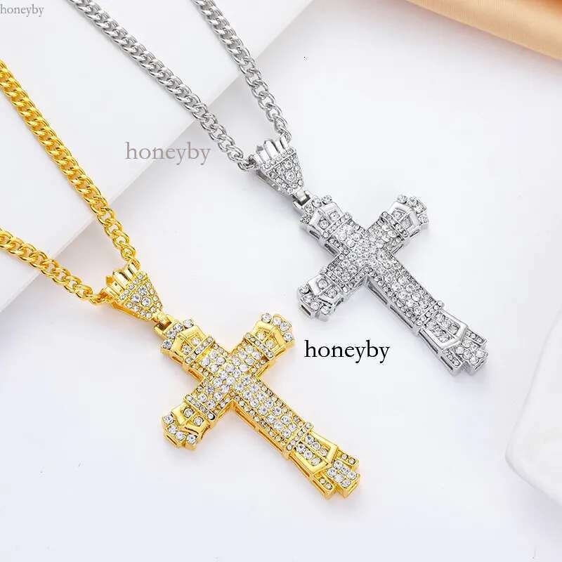 Hip Hop Cross Pendant Religious Charm Gold Sier Full Ice Out Crystal Neckalce Simulated Dias Catholic Crucifix Necklace With Cuban Chain Jewelry