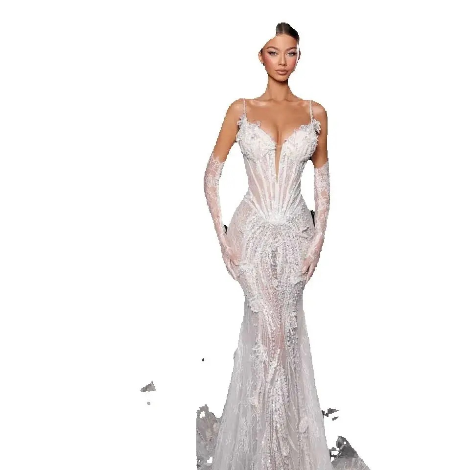 Sexy Spaghetti Straps Mermaid Wedding Dresses Elegant Floral Applique Bridal Gowns Beading Lace Robe De Mariee Customized
